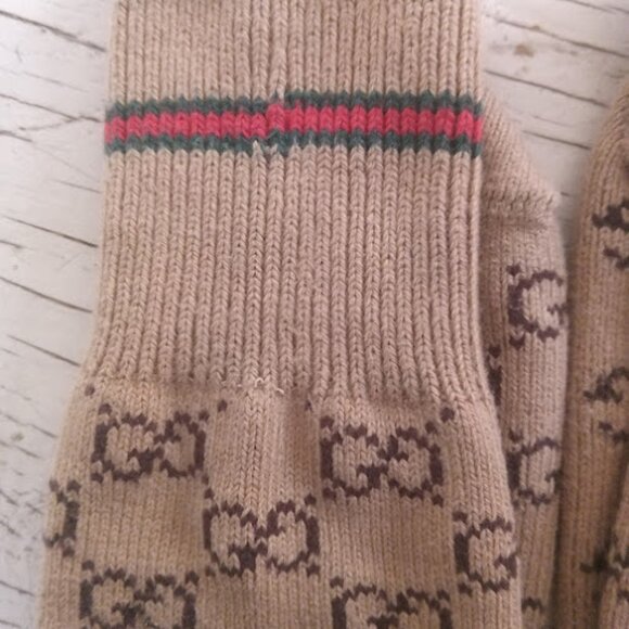 GUCCI | Web Stripe Camel Brown GG Logo Jacquard Knit Calf Socks Unisex Pre-Owned - Picture 12 of 12